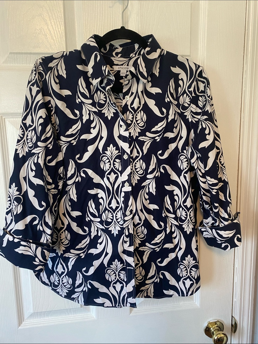 Chico's Navy and White Floral-Print Button Front Shirt